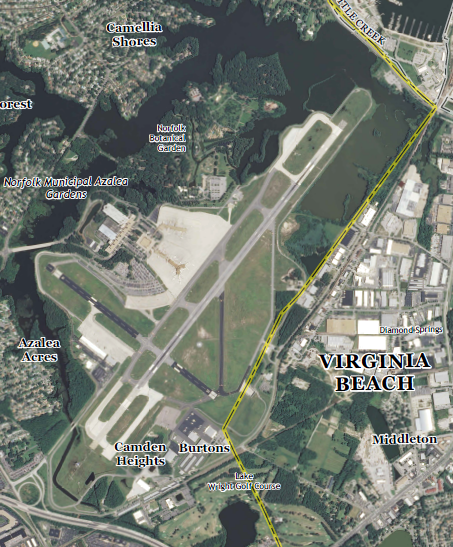 Norfolk International Airport has one main runway and a parallel taxiway; the perpendicular and shorter crosswind runway was closed in 2016