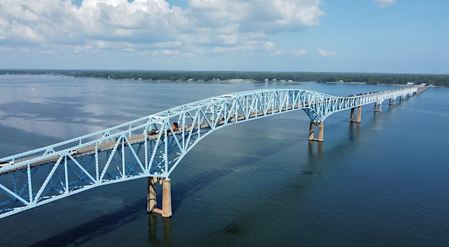 the Robert O. Norris Bridge, carrying Route 3 across the Rappahannock River, opened in 1957
