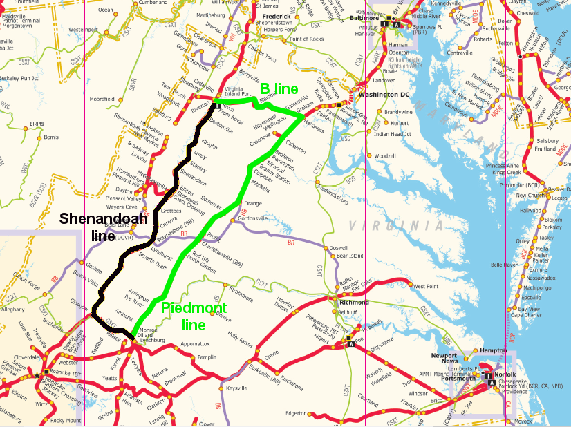 after trains reach Lynchburg, Norfolk Southern railroad has two options for transferring containers to the Virginia Inland Port (VIP), via the Shenandoah line west of the Blue Ridge (in black) or the Piedmont Line east of the Blue Ridge (in green)