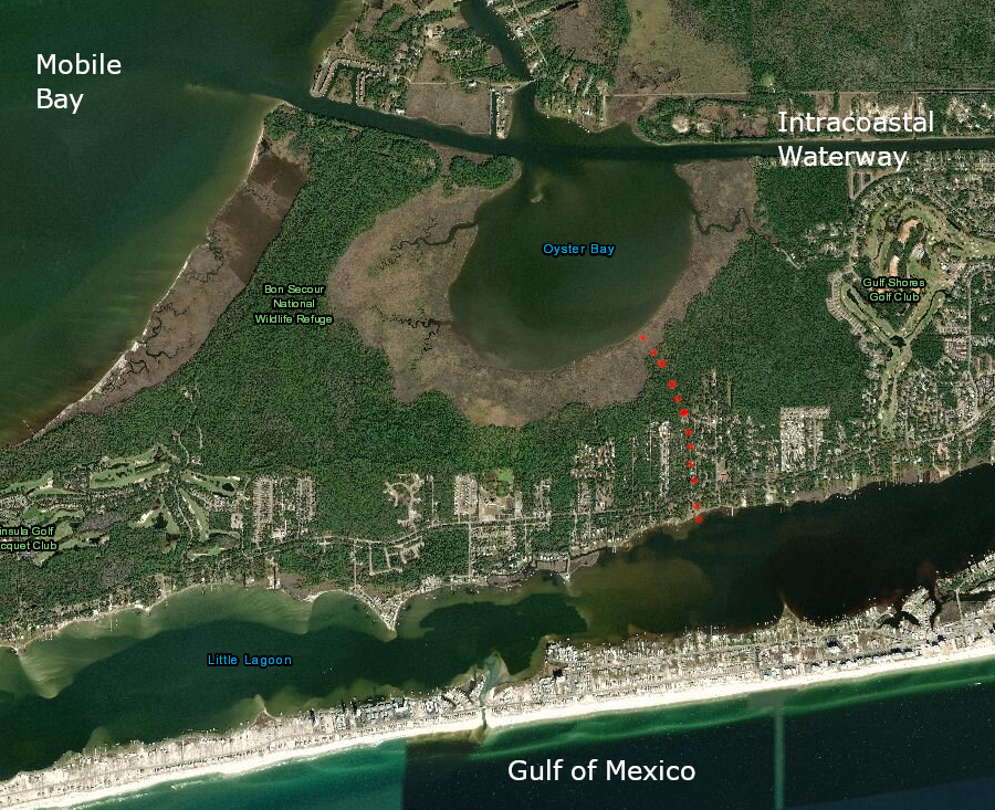 near the modern Intracoastal Waterway entering Mobile Bay in Alabama is evidence of a canal (red dots) excavated 1,400 years ago