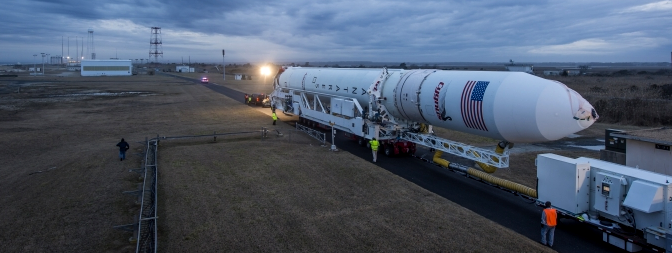 the Transporter Erector Launcher transports Antares rockets from the assembly building to the pad