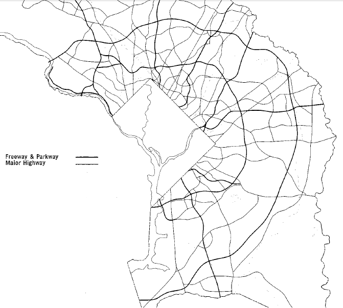 the 1964 General Plan proposed both an outer beltway and other roads, but also assumed low-density development away from transportation corridors