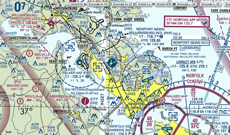 aeronautical chart for area including Newport News/Williamsburg International Airport (PHF)