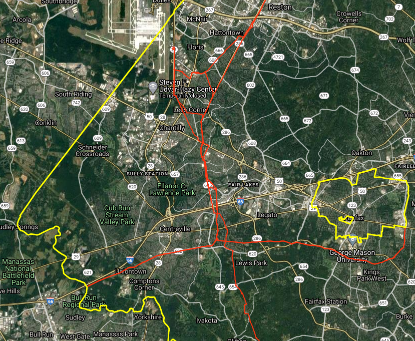 the Colonial Pipeline (red line) can deliver jet fuel to Dulles International Airport on the border of Fairfax and Loudoun counties (straight yellow line)