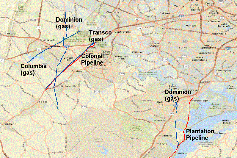 Colonial Pipeline and Plantation Pipeline carry gasoline and distillates through Prince William County (gas pipelines are displayed in blue)