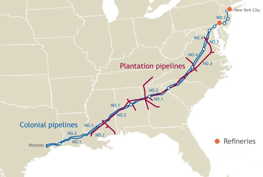 the Plantation  Pipeline transports gasoline and other refined petroleum products from the Gulf Coast to Northern Virginia, while the Colonial Pipeline (built later) goes further north