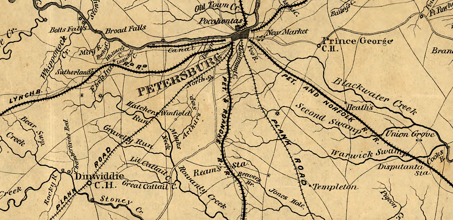 the farm-to-market links to Petersburg in 1860 included railroads and plank roads