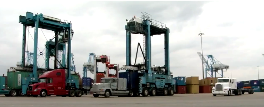 at the Port of Virginia terminals designed for containerized cargo, specialized equipment picks up containers from trucks