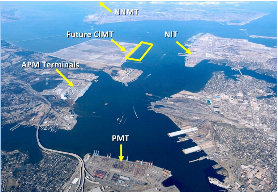 terminals in Hampton Roads include Newport News Marine Terminal (NNMT), Norfolk International Terminals (NIT), Portsmouth Marine Terminal (PMT), APM/Maersk Terminal (APM) - now Virginia International Gateway (VIG), and the future Craney Island Marine Terminal (CIMT)