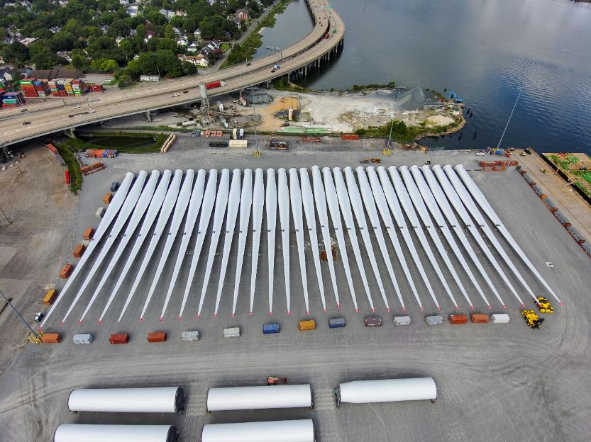 wind turbines at Portsmouth Marine Terminal, ready for installation at Coastal Virginia Offshore Wind project