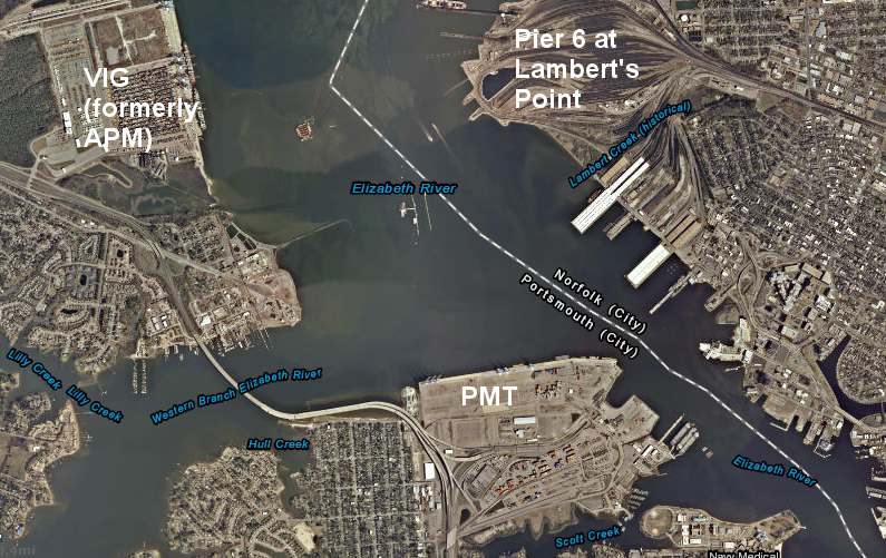 the Virginia International Gateway (VIG) and Portsmouth Marine Terminal (PMT) process containers across the Elizabeth River from Norfolk Southern's coal-export terminal at Lambert's Point