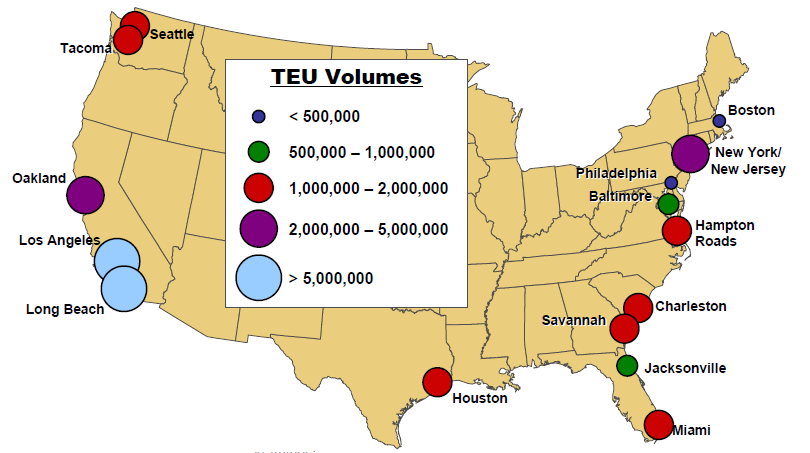 major container ports with Twenty Foot Equivalent Units (TEU's)