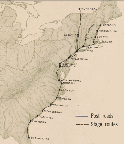 mail was carried on the post road through Virginia from Fredericksburg to Williamsburg in 1774, but no routes went further inland