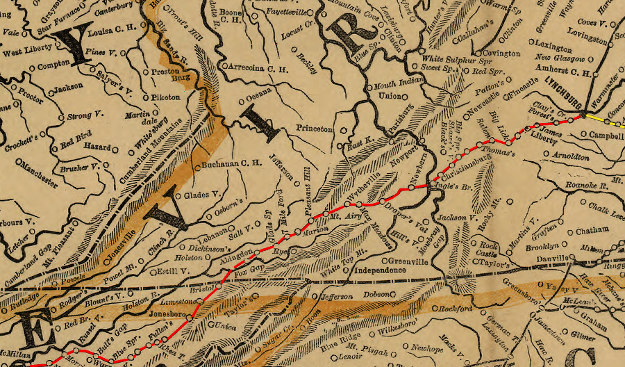 prior to the Civil War the Virginia and Tennessee Railroad carried agricultural products and iron to Lynchburg (and via the South Side Railroad to port cities), and no railroad penetrated the Appalachian Plateau until the 1880's