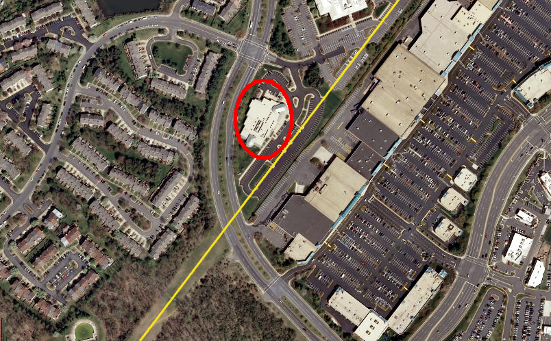 fire drills at the Bull Run Regional Library in Prince William County include training to leave the building (red circle), but not to gather in the parking lot on top of the Colonial pipeline (yellow line)