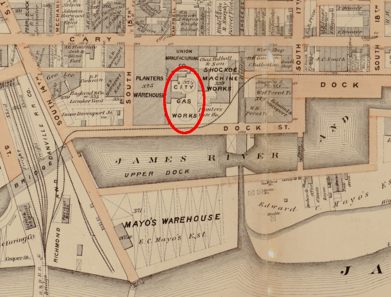 in Richmond, the gas works were located in Shockoe Creek valley, where coal could be provided by canal or railroad