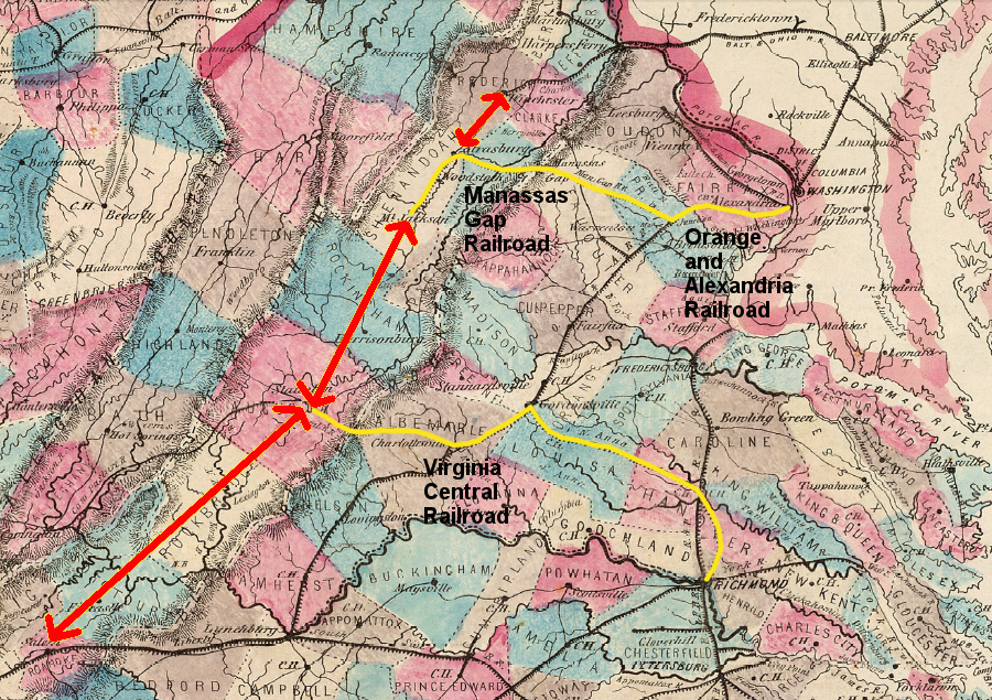 gaps in rail connections helped Richmond control trade from the southern part of the Shenandoah Valley via the Virginia Central, and Alexandria control trade from the central part of the valley, until the Norfolk and Western Railroad was built from Roanoke through the entire Shenandoah Valley