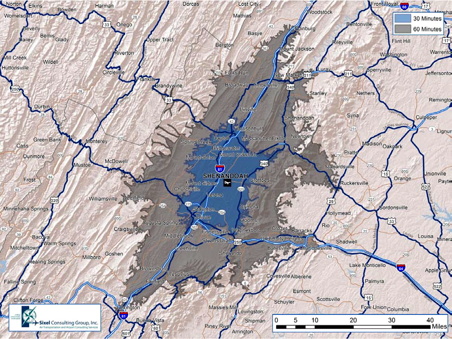 the one-hour drive time catchment area of Shenandoah Valley Regional Airport (SHD) can be divided into 30-minute and 60-minute zones