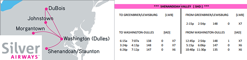 Silver Airways stopped flying from Shenandoah Valley Regional Airport (SHD) to Dulles International Airport (IAD) at the end of November, 2016 and Via Air began flying to Charlotte and Florida