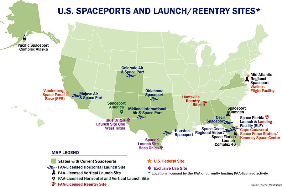 locations of licensed spaceports in 2012, 2020, and 2025
