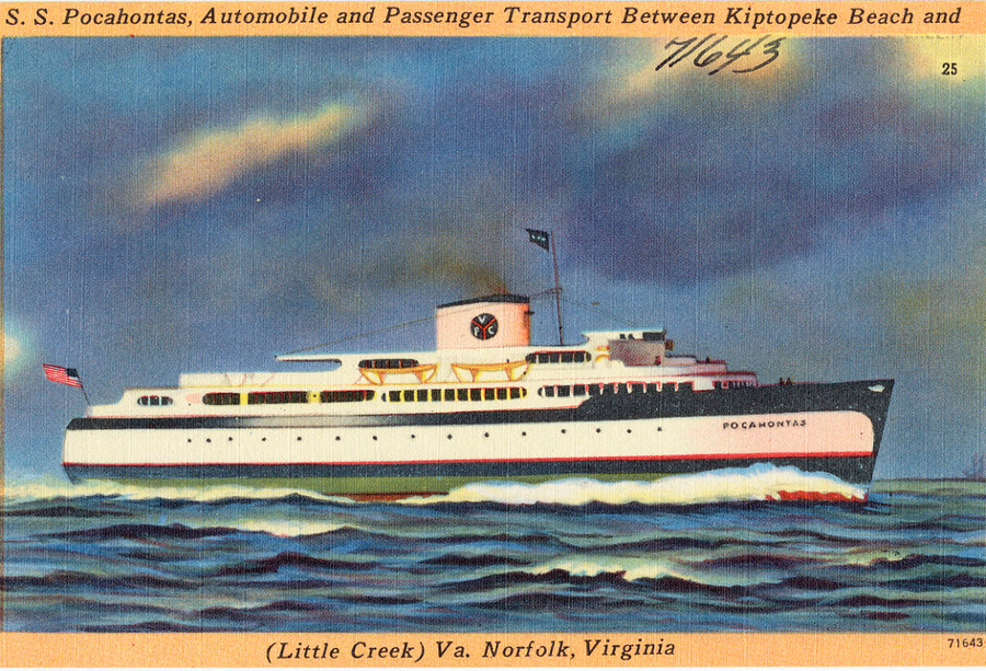 a pre-World War II postcard shows a ferry that ran between the Eastern Shore and Princess Anne County (now the City of Virginia Beach) until the Chesapeake Bay Bridge-Tunnel opened in 1964