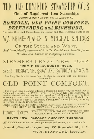 starting in the 1820's, tourists traveled to hotels on Old Point Comfort via steamship