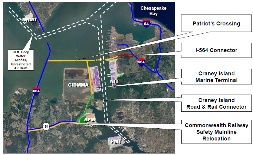 infrastructure projects to enhance road and rail access for shipping terminals in Hampton Roads