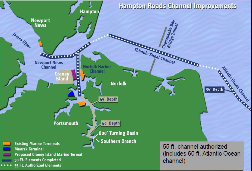 terminals in Hampton Roads where ships load/unload containerized and break bulk cargo