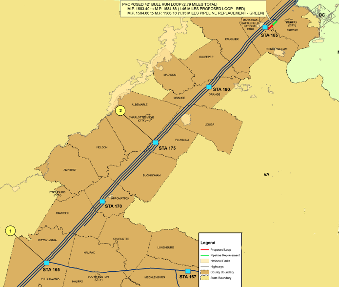 Transco natural gas pipeline route through a portion of Virginia