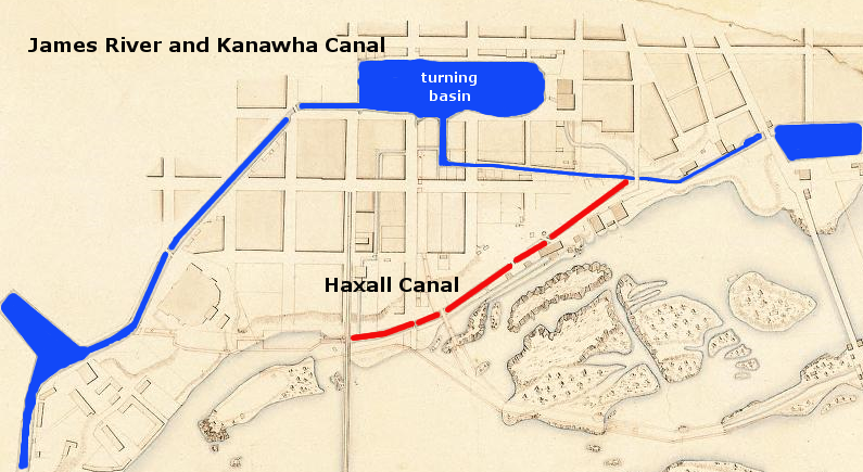 James River and Kanawha Canal turning basin for canal boats (1841) is now James River Center in downtown Richmond (separate Haxall Canal was used for power generation)