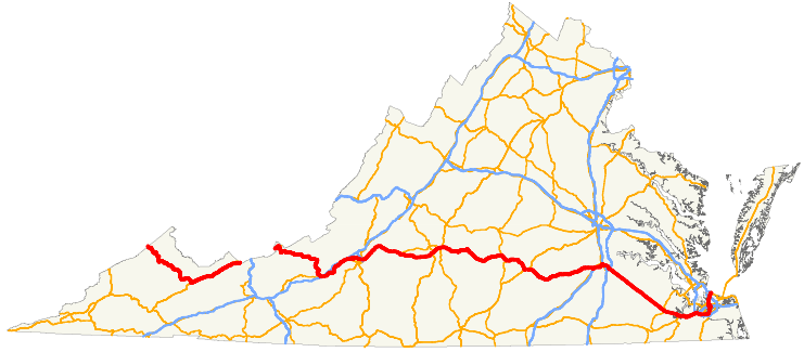 US 460 links the Coastal Plain to the Appalachian Plateau