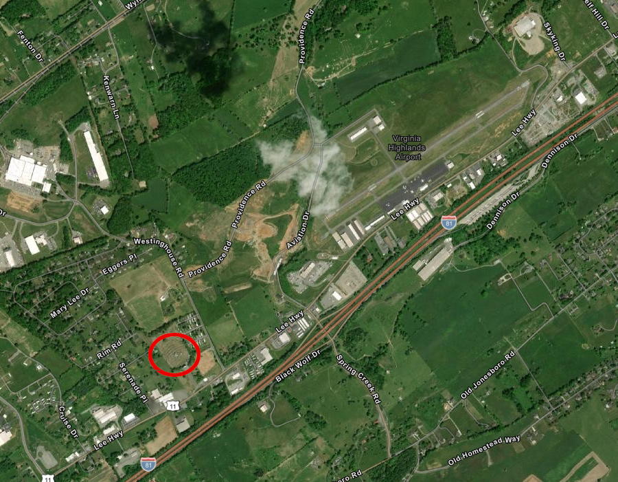 runway expansion at Virginia Highlands Airport required removing tall trees at the Moonlite Drive-In (red circle)