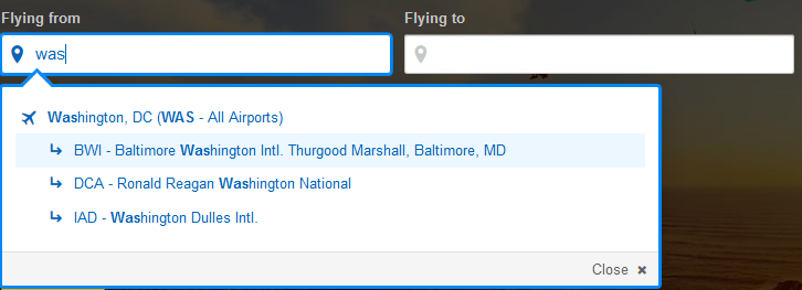travelers can use the WAS code to search for flights from all three commercial airports in the Washington, DC metropolitan area