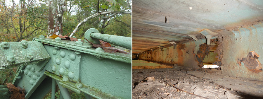 deterioration of pin connections and truss stringers was evident, though obscured by paint