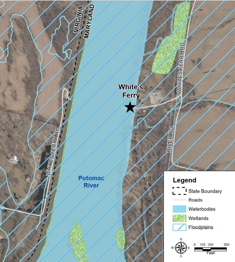 White's Ferry is located in the floodplain, complicating proposals for building new infrastructure