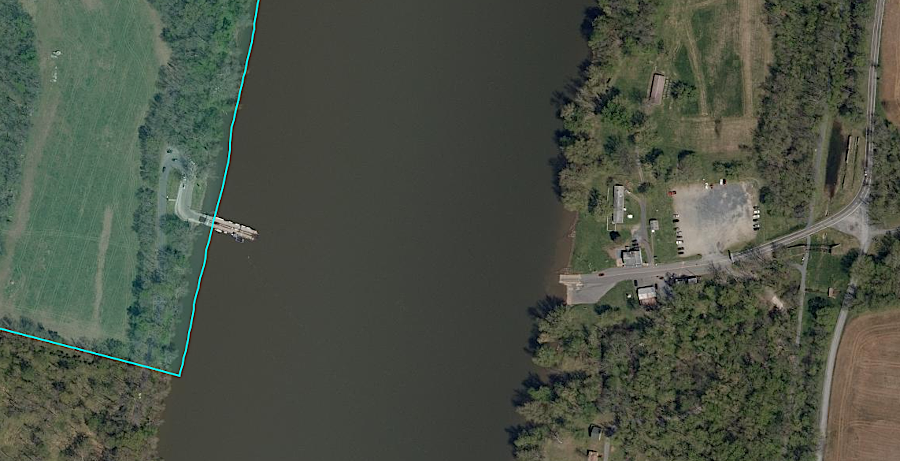 White's Ferry closed in 2020 after a dispute over rights to use the property of Rockland Farm (highlighted in blue) for a landing