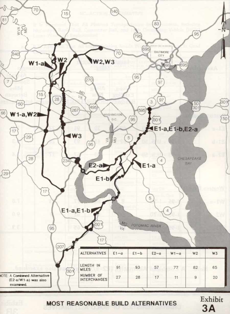the 1990 Washington Bypass Study proposed two eastern and two western routes for I-95 traffic to get around Washington, DC