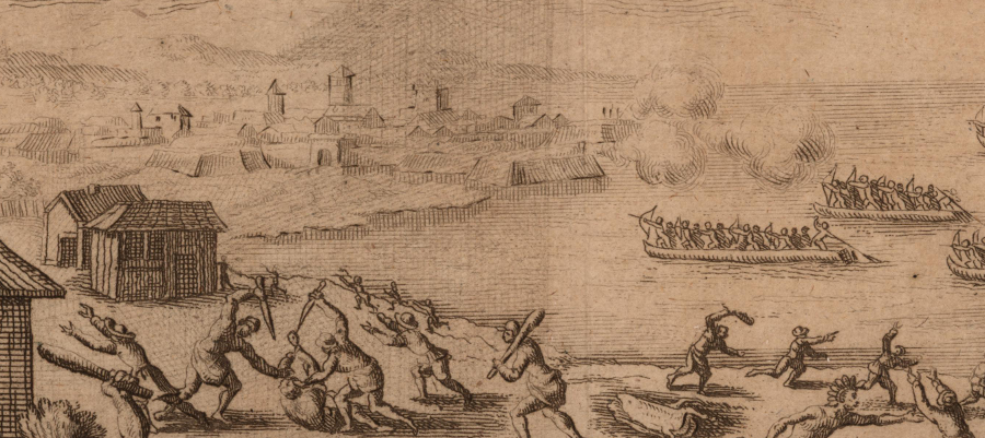 Jamestown was not attacked by Native Americans paddling across the James River during the first uprising led by Opechancanough in 1622, but European artists still included such an assault in their engravings
