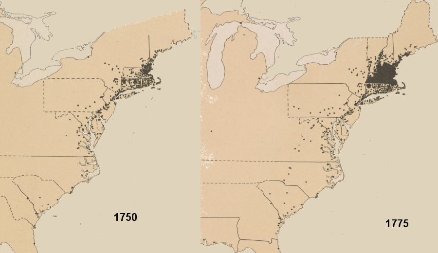 in 1750 colonial towns were common in New England but rare in Virginia - and the pattern was even more obvious in 1775