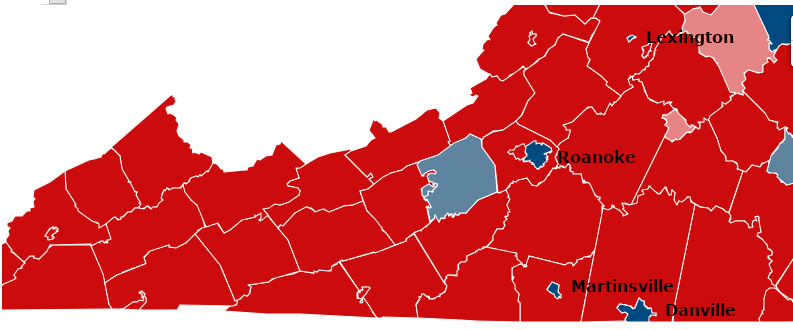 Roanoke, Lexington, Danville, and Martinsburg voted for Hillary Clinton in 2016, while the surrounding counties voted for Donald Trump