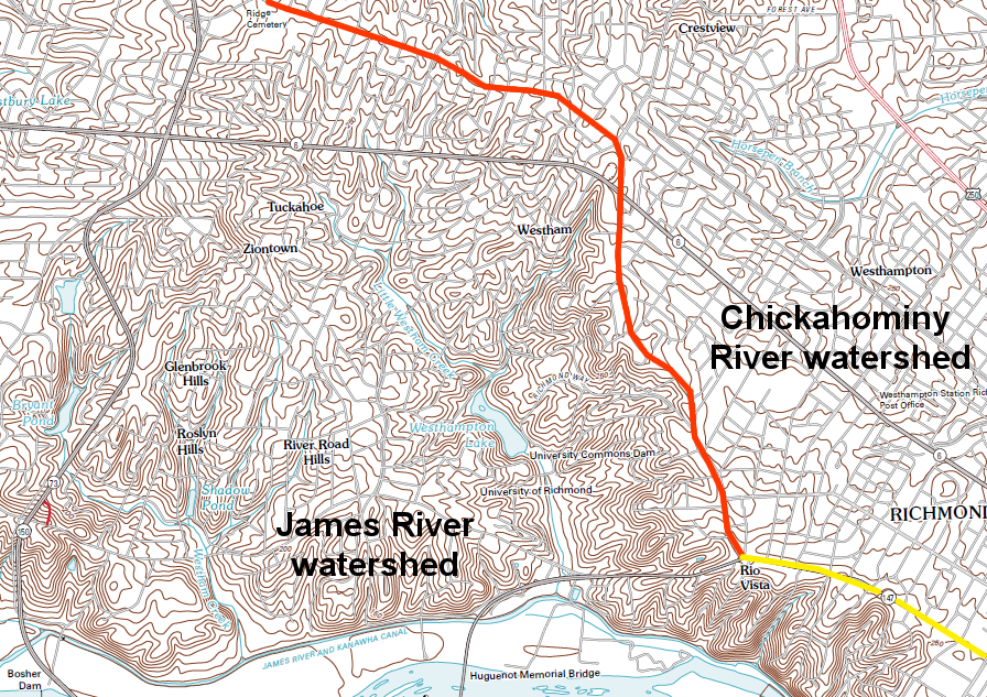 watershed divide of Chickahominy/James watersheds, with yellow marking Cary Street Road and orange marking Three Chopt Road