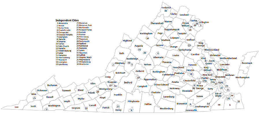 Virginia has 38 independent cities