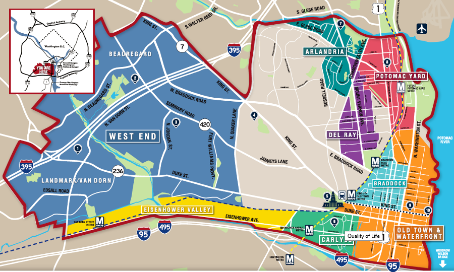 Alexandria's boundaries extend from the Potomac River west past I-395