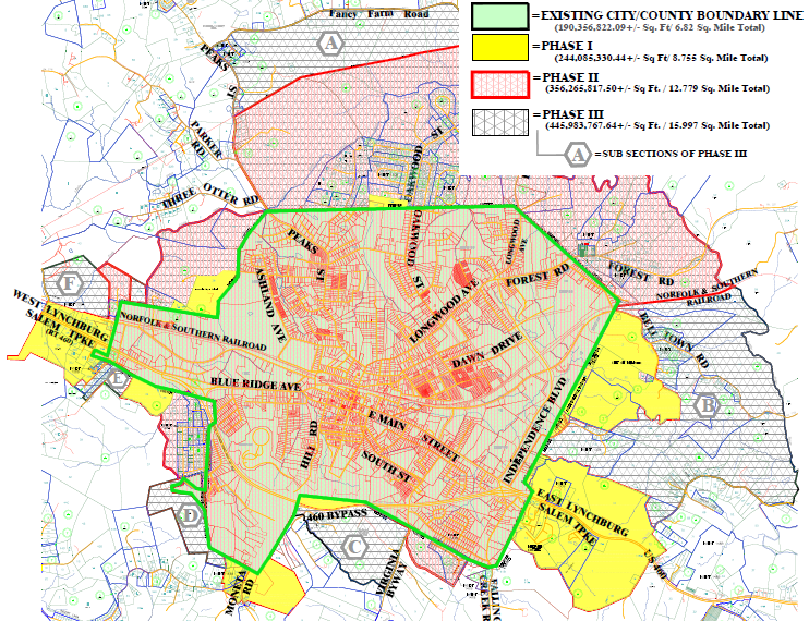 Bedford city and county sent five years to negotiate a change in status that included expanding the original city boundaries (green line) to include new parcels (yellow areas) within the town