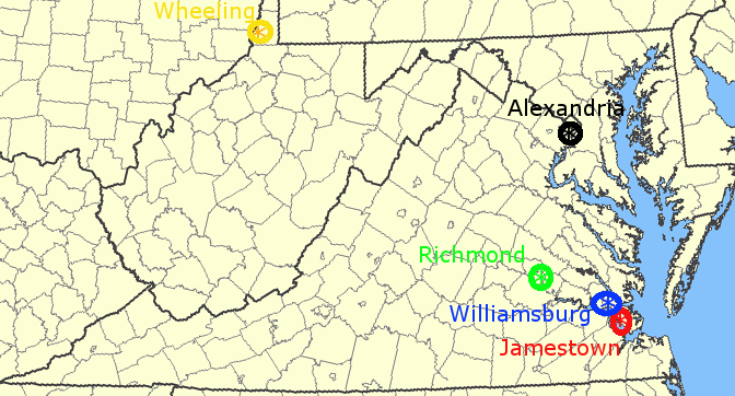 last five locations of the capitals of Virginia