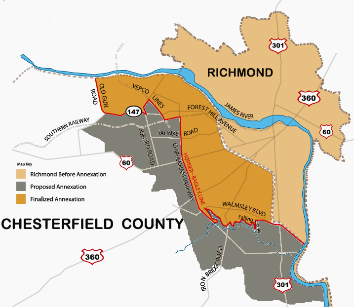 Richmond's 1970 annexation of a substantial portion of Chesterfield County, though less than originally proposed, led to the General Assembly's ban five years later on annexations by cities