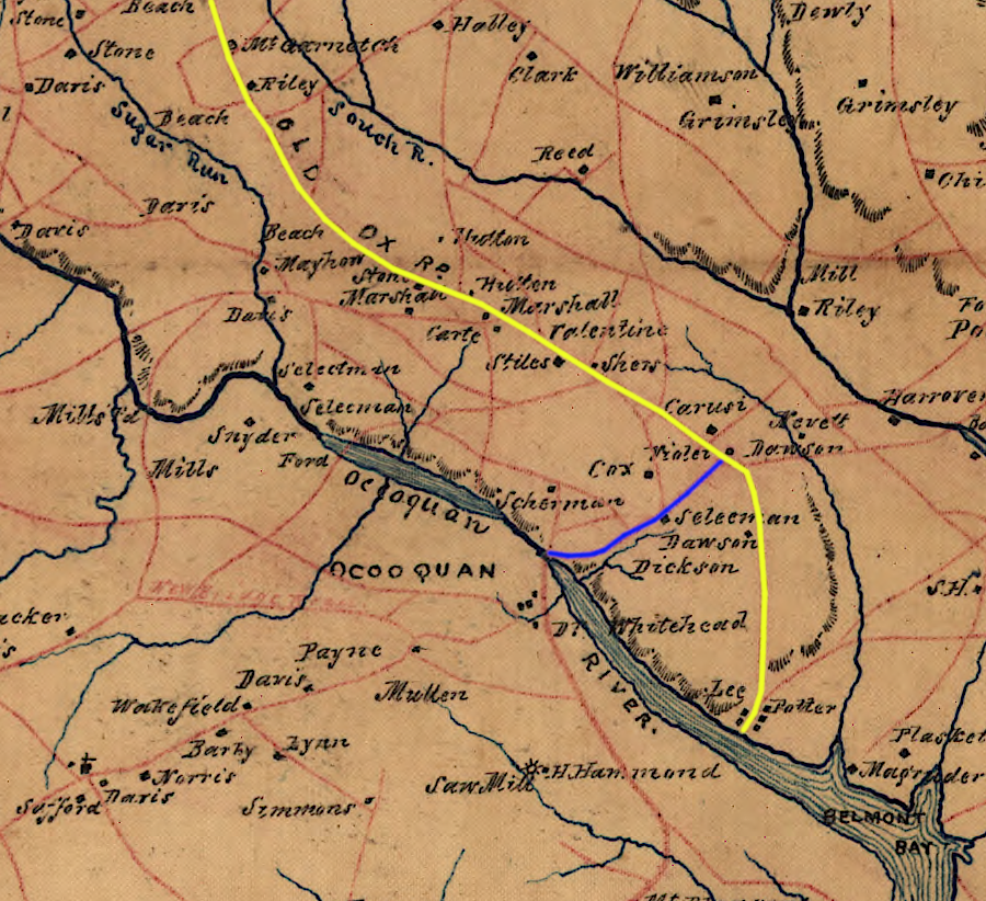 Occoquan built a road (blue) to intercept trade going to Colchester via the Old Ox Road (yellow)