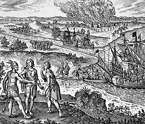 in foreground: capture of Pocahontas (1613), in background: Dale's destruction on the trip to Matchut while trying to return her (1614)