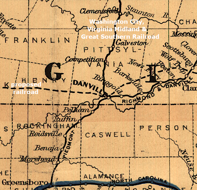 in 1874, Danville was served by the Richmond and Danville/Piedmont and the Virginia Midland railroads, with plans to build a trunk line parallel to the state border between Portsmouth-Cumberland Gap