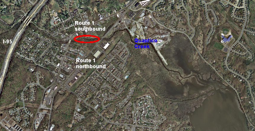 the location of the original harbor at Dumfries (red oval) is now between Route 1's northbound and southbound lanes